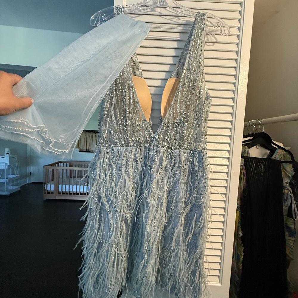 Jovani Light Blue Sequin & Feather Evening Dress